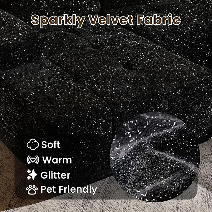 114" Glitter Cloud Sectional Couch with L-Shape Chaise & Ottoman, Modern Boneless Couches for Living Room, Fluffy Tufted Deep Seat Modular Sofa No Assembly (Black Sparkly Velvet,Left Facing)