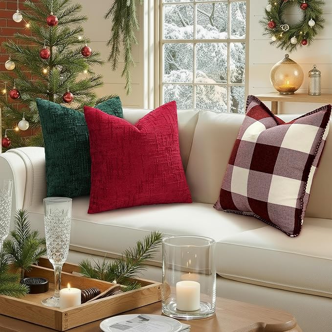 decorUhome Christmas Green Chenille Throw Pillow Covers 18x18 Set of 2 Thick Textured Slubby Couch Pillow Covers Farmhouse Accent Modern Neutral Decorative Pillow Cases for Bed Sofa Living Room