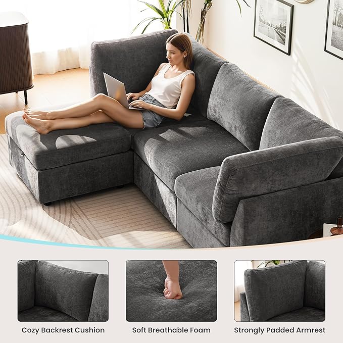 TEKAMON 123" Modular Sectional Sofa with Ottoman,Extra Large Comfy Cloud 4-Seat Deep Seat, Reversible Chaise Modular Sectional Couches for Living Room and Apartmenr,Grey