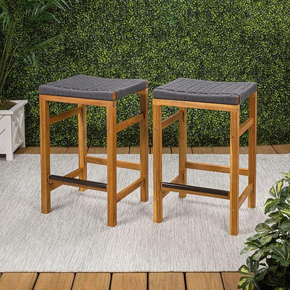 JONATHAN Y CSL1201B-SET2 Armand 25.6" Modern Coastal Backless Acacia Wood Outdoor Counter Stool with Woven Rope Seat, for Pool, Deck, Poolside, Light Teak/Grey (Set of 2)