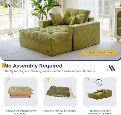 MAXYOYO Modular Sectional Chaise Lounge Sofa, Upholstered Lounge Chair with Ottoman, Comfy Couch with Layered Cushion, Tufted Upholstered Sleeper Chair for Living Room, No Assembly, Green