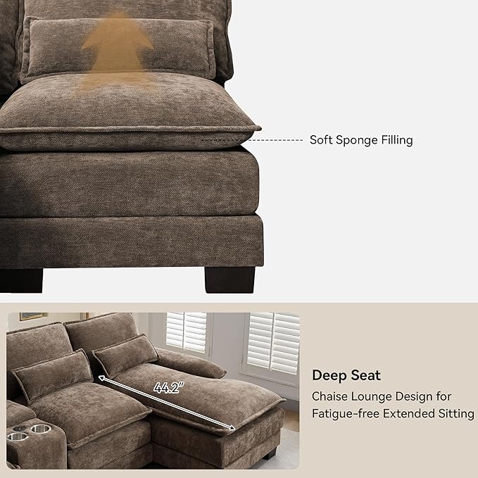 U Shaped Sectional Sofa with Storage Console, Cup Holders & USB Ports, Small Modular Cloud Couch with Deep Seats, Modern Comfy Living Room Sofa for Apartment, Chenille Brown