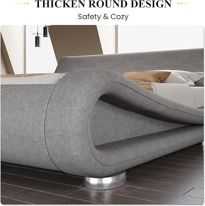 SHA CERLIN King Size Upholstered Bed Frame, Deluxe Low Profile Sleigh Bed with Linen Ergonomics Headboard, No Box Spring Needed & Easy Assembly, Grey