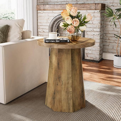 Tribesigns Farmhouse Round End Table, Wooden Couch Side Table with Octagonal Base, Rustic Brown Nightstand Pedestal Accent Furniture for Living Room, Bedroom (2)