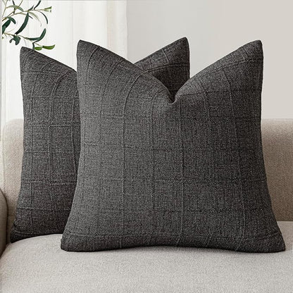 Foindtower Set of 2 Decorative Linen Check Throw Pillow Covers Neutral Farmhouse Vintage Cushion Covers Modern Boho Home Decor for Sofa Chair Couch Bedroom Living Room,26×26 Inch,Charcoal