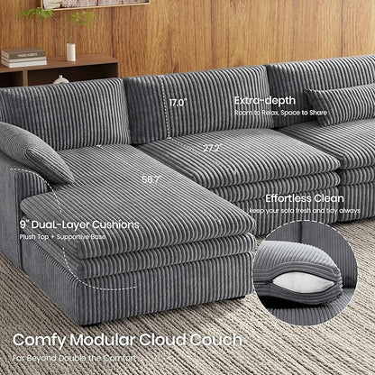 Belffin Large Modular Sectional Sofa with Double Deep Chaise, 104" Corduroy U Shaped Couch with 9" Soft Dual-Layer Seats Cushion Sectional Couches for Living Room, Apartment, Light Grey