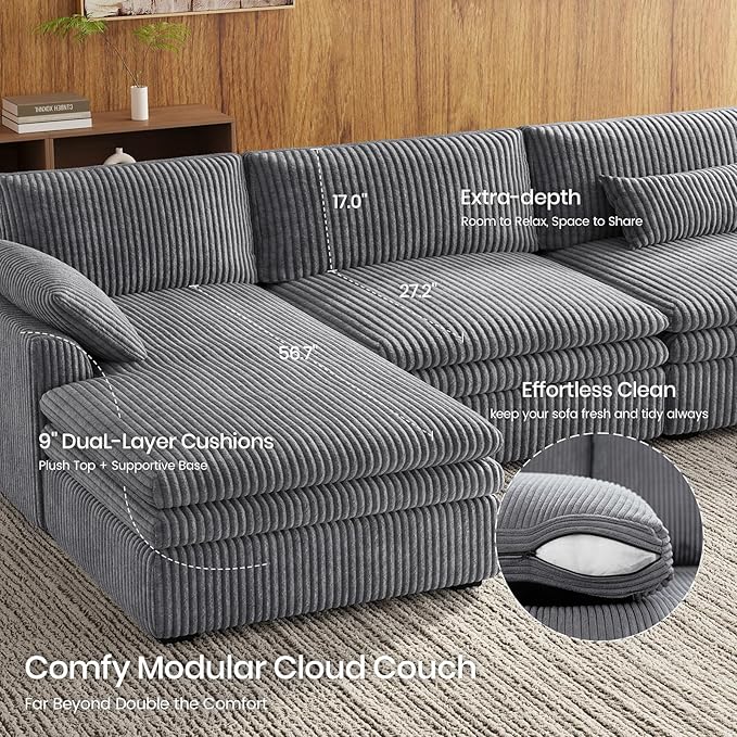 Belffin Large Modular Sectional Sofa with Deep Chaise, Corduroy U Shaped Couch with 9" Soft Dual-Layer 7 Seats Cushion for Living Room, Apartment, Light Grey