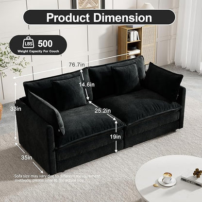 Modular Sectional Sofa, 76.7 Inch I-Shaped Cloud Sofa with Deep Seat Comfortable Chenille Sofa with Cushion Double Sectional Sofa for Living Room Apartment,Black