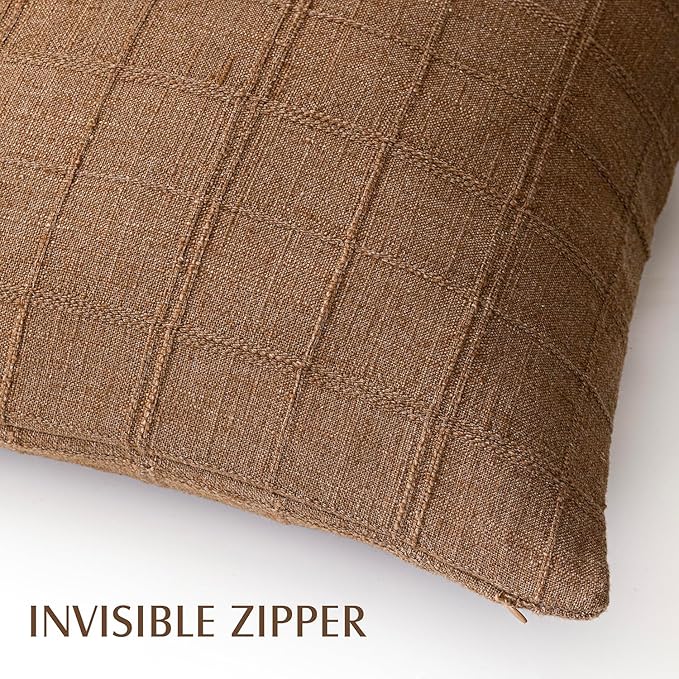Foindtower Set of 2 Decorative Linen Check Throw Pillow Covers Neutral Farmhouse Vintage Cushion Covers Modern Boho Home Decor for Sofa Chair Couch Bedroom Living Room,22×22 Inch,Brown Hazel