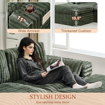 114" Cloud Boneless Sectional Couches for Living Room, Modular Sectional Sofa with Cup Holder, Cozy Fluffy L Shaped Deep Seat Boneless Couch with Storage Pocket, No Assembly Required, Green