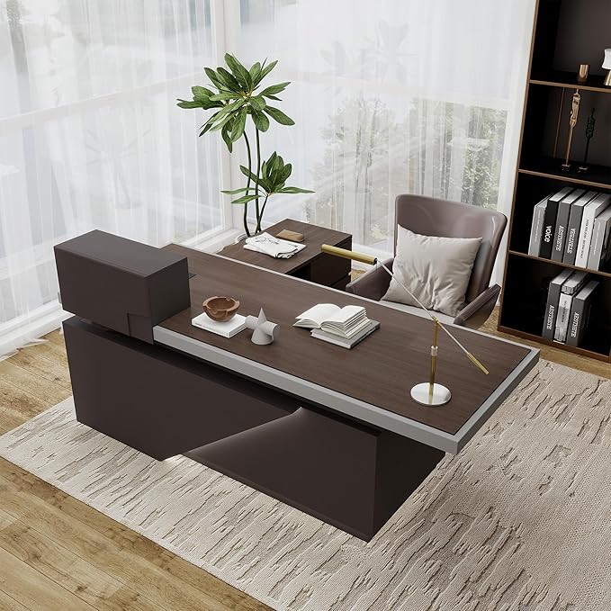 SAINTCY 86" Executive Desk with Drawers - L Shaped Desk with File Cabinet, Black Executive Office Desks with LED Light, Home Office Desk,2.6" Thickened Desktop