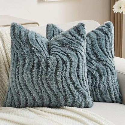 FUTEI Blue Decorative Throw Pillow Covers 20x20 Inch Set of 2,Soft Faux Fur Geometric Shapes Texture Cushion Case,Boho Home Decor for Couch Bed Living Room