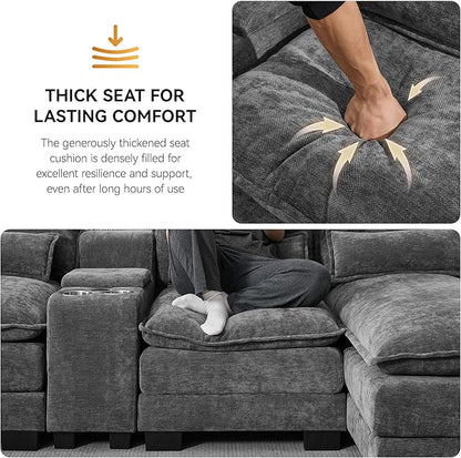 125'' U Shaped Cloud Modular Sofa with Chaise Lounges, Chenille Upholstered Comfy Sectional Couch with Storage Console, USB Charging Ports & Cup Holders, Modern Deep Seat Sofa for Living Room, Grey