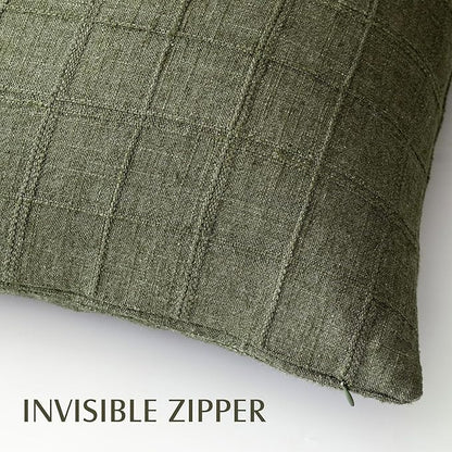 Foindtower Set of 2 Decorative Linen Check Throw Pillow Covers Neutral Long Body Lumbar Cushion Covers Farmhouse Vintage Boho Home Decor For Sofa Chair Couch Bedroom Living Room,14×36 Inch,Olive Green
