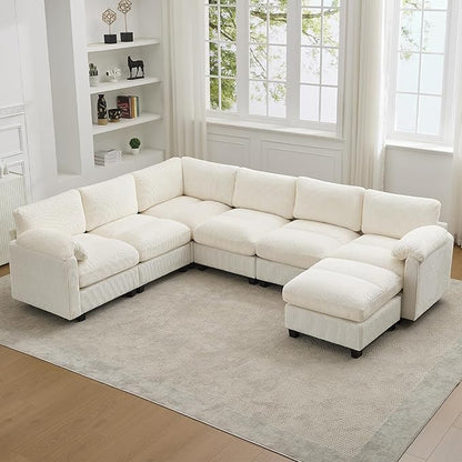 114'' V-Shaped Sectional Cloud Couch with Ottoman, 7-Seater Modular Couches for Living Room, Corduroy Oversized Deep Seat Sofa with Center Stitched, Beige