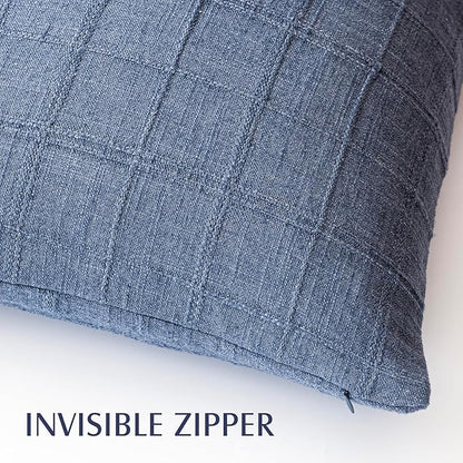 Foindtower Set of 2 Decorative Linen Check Throw Pillow Covers Neutral Farmhouse Vintage Cushion Covers Modern Coastal Boho Home Decor for Sofa Chair Couch Bedroom Living Room,18×18 Inch,Blue