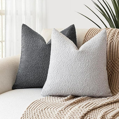 Foindtower Pack of 2 Textured Boucle Throw Pillow Covers Accent Solid Decorative Pillow Cases Cozy Woven Couch Cushion Case for Chair Sofa Bedroom Living Room Home Decor, 18 x 18 Inch,Light Grey