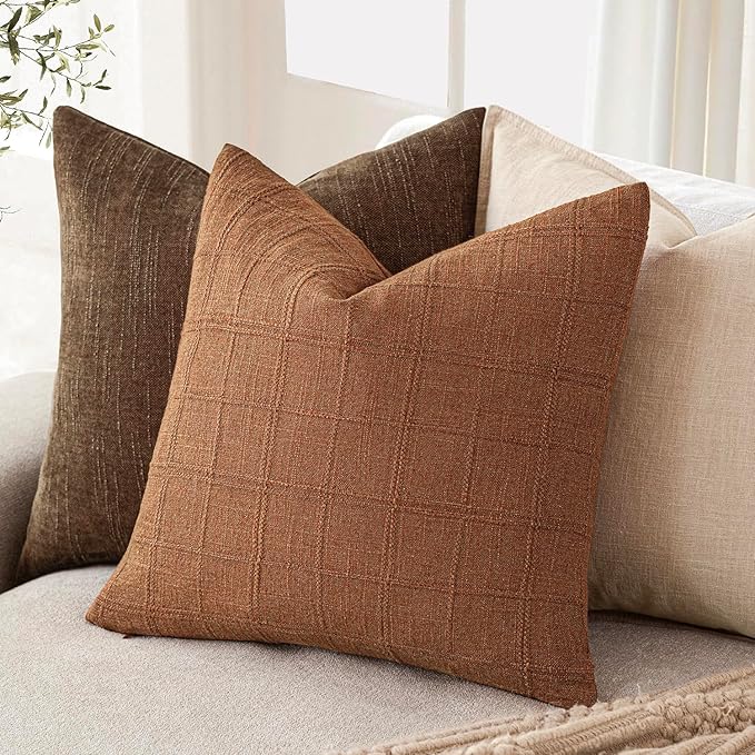 Foindtower Set of 2 Decorative Linen Check Throw Pillow Covers Neutral Farmhouse Vintage Cushion Covers Modern Boho Home Decor for Sofa Chair Couch Bedroom Living Room,26×26 Inch,Orange