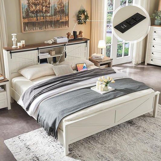 T4TREAM Farmhouse King Size Bed Frame w/Storage Bookcase Headboard, Sliding Barn Door, Charging Station, Rustic Wood Platform Bed w/Wood Slats Support, No Box Spring Needed, Antique White
