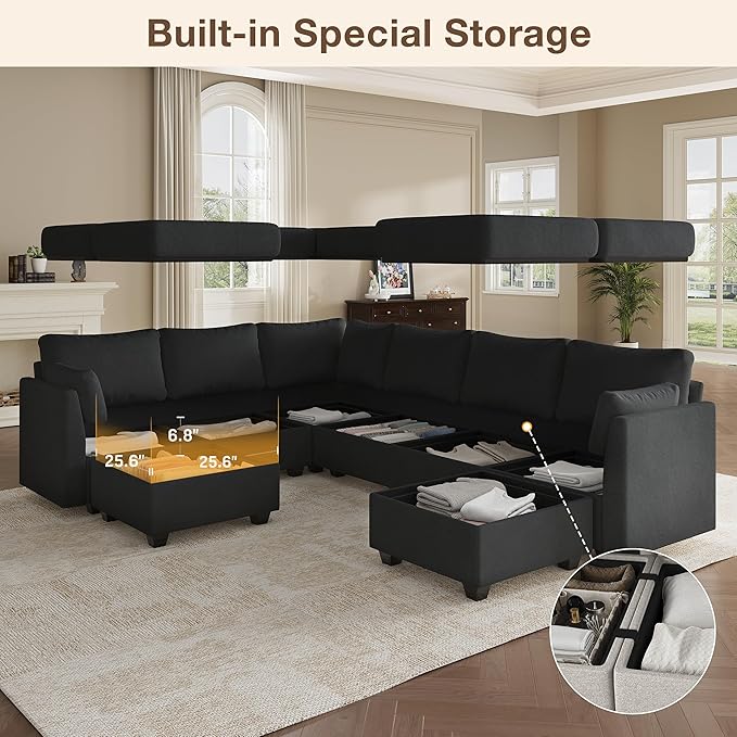Modular Sectional Sofa Couches, Large Convertible Modular Couches with Storage, 8-Seater Sectional Sofa for Living Room, U Shaped Sectional Couch Sleeper Sofa with Chaise (Black, 8 Seats)