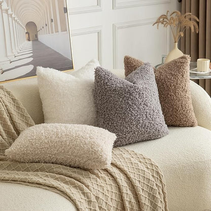 Pack of 2 Curly Teddy Wool Faux Fur Throw Pillow Covers Fuzzy Accent Soft Sherpa Pillowcases Sheepskin Fleece Decorative Cushion Case for Sofa Couch Living Room 24x24 Inch Light Grey