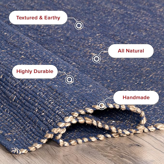 nuLOOM 9x12 Elfriede Jute & Cotton Hand Woven Area Rug, Blue, Solid Rustic Farmhouse Style, Weaved Design, Natural Fiber, For Bedroom, Living Room, Dining Room, Hallway, Office, Entryway