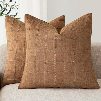 Foindtower Set of 2 Decorative Linen Check Throw Pillow Covers Neutral Farmhouse Vintage Cushion Covers Modern Boho Home Decor for Sofa Chair Couch Bedroom Living Room,26×26 Inch,Brick