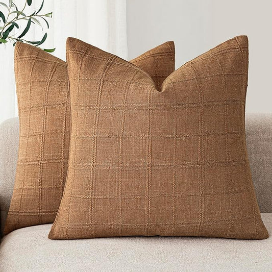 Foindtower Set of 2 Decorative Linen Check Throw Pillow Covers Neutral Farmhouse Vintage Cushion Covers Modern Boho Home Decor for Sofa Chair Couch Bedroom Living Room,26×26 Inch,Brick