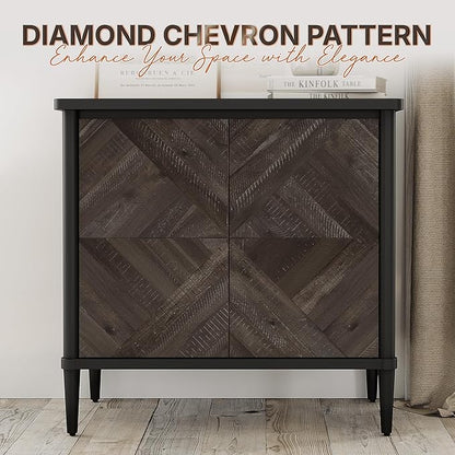 Lenia Solid Wood Storage Cabinet with Diamond Pattern Doors, Rustic Farmhouse Accent Cabinet for Living Room, or Entryway, Durable Acacia Wood, Mocha Black