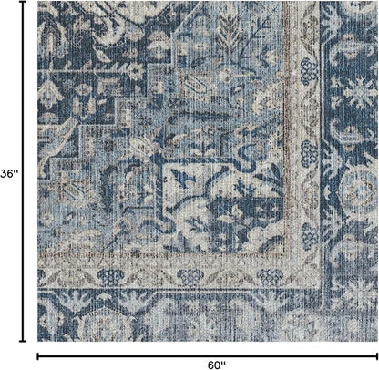 RUGGABLE Washable Area Rug – Kamran Admiral Blue 3x5, Stain-Resistant, Non-Slip – Small Machine Washable Rugs for Living Room, Bedroom, Hallway, Entryway & Office–with Standard Pad