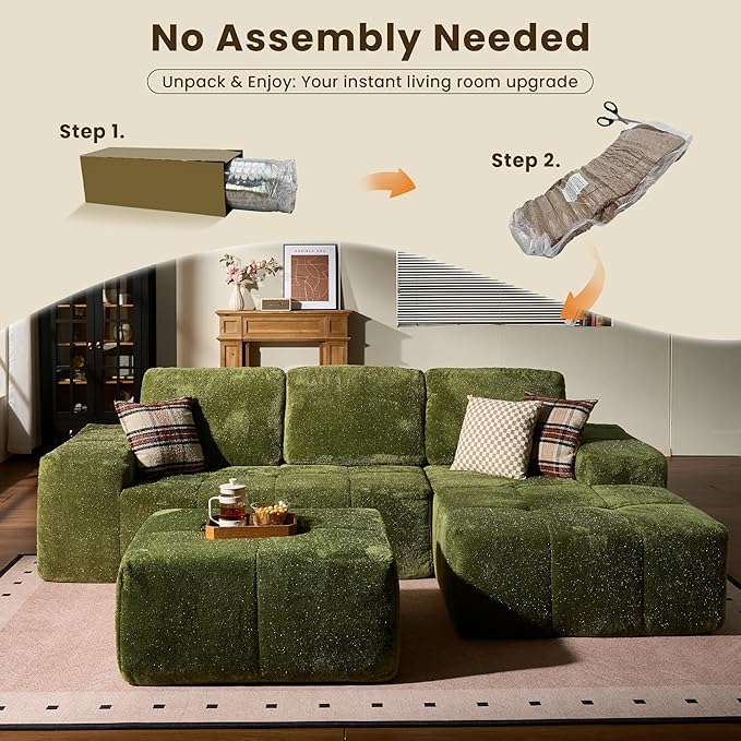114" Glitter Cloud Sectional Couch with L-Shape Chaise & Ottoman, Modern Boneless Couches for Living Room, Fluffy Tufted Deep Seat Modular Sofa No Assembly (Green Sparkly Velvet,Right Facing)