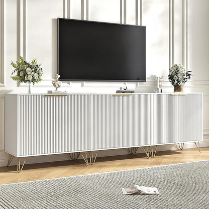 Storage Cabinet Set of 3, White Fluted Cabinet with Adjustable Shelves, Modern Coffee Bar for Kitchen, Living Room and Office