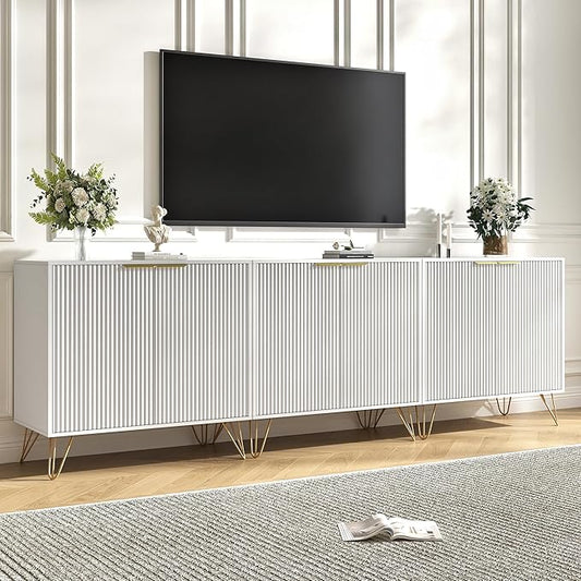 Storage Cabinet Set of 3, White Fluted Cabinet with Adjustable Shelves, Modern Coffee Bar for Kitchen, Living Room and Office