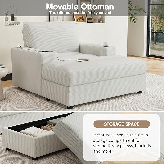 Christopher Knight Home Zoe Oversized Chaise Lounge Chair Indoor with Cup Holders & USB Charging Port, Corduroy Upholstered Sofa Bed + Ottoman with Storage, Comfy Deep Seat Sleeper Sofa Chair, Beige