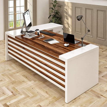 Leon 87" Wood Executive Large Desk for Home Office | Executive Right Side L Shaped Corner Desk & File Drawers w/Telescopic Rail | Modern Business Furniture | White & Brown