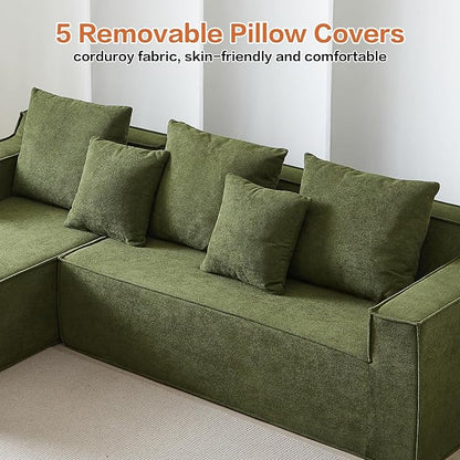 101" Boneless Couches for Living Room, Fully Memory Foam Sofa with Deep Seat, L Shape Sectional Couch Velvet Fabric, Compressed Sofa in a Box,No Assembly Required (Green)