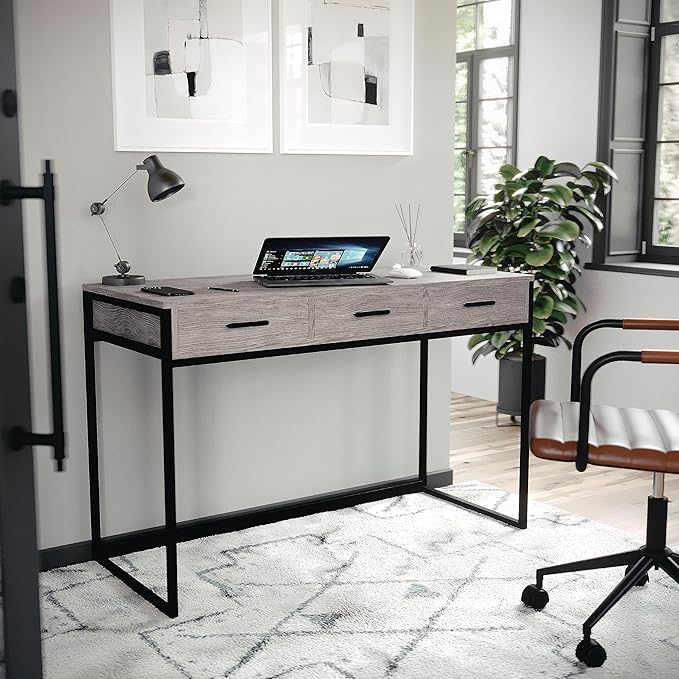 Martha Stewart Ollie Home Office Desk with 3 Drawers in Gray Wood Grain with Oil Rubbed Bronze Hardware