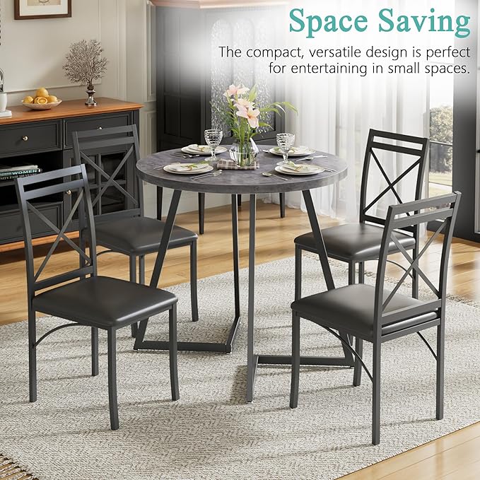 VECELO 35" Round Dining Table for 4, Wood-Grain Tabletop & Heavy-Duty Steel Frame, for Kitchen, Living Room, Easy Assembly, Dark Grey