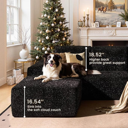 114" Glitter Cloud Sectional Couch with L-Shape Chaise & Ottoman, Modern Boneless Couches for Living Room, Fluffy Tufted Deep Seat Modular Sofa No Assembly (Black Sparkly Velvet,Right Facing)