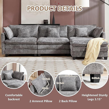 Plush Modular Cloud Sofa Set with Ottoman | L/U-Shaped Deep Seating Chenille Sectional for Family Living Room