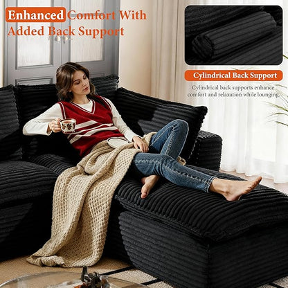 108" Sectional Couches for Living Room Boneless Couch Upholstered Cloud Couch Sectional Modular Sectional Sofa with L Shaped (Corduroy-Black, 3 Seat+1 Ottoman)