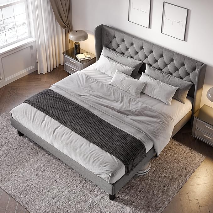 Allewie King Size Upholstered Platform Bed Frame with Wingback and Button Tufted Headboard for Reading, Strong Wood Slat Support, Modern Design, Easy Assembly, Light Grey