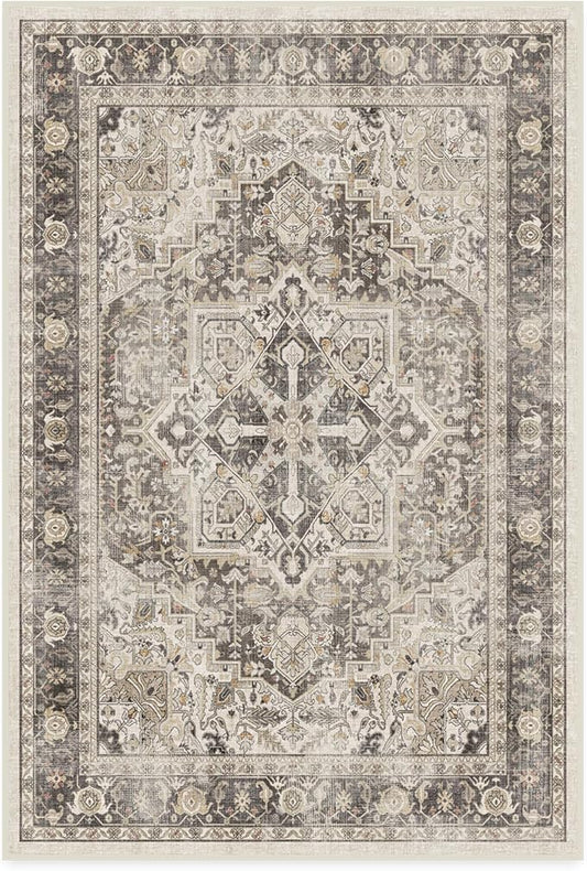 RUGGABLE Washable Vintage Area Rug – Kamran Hazel 4x6, Stain-Resistant, Non-Slip – Medium Machine Washable Rugs for Living Room, Bedroom, Hallway, Entryway & Office–with Cushioned Pad