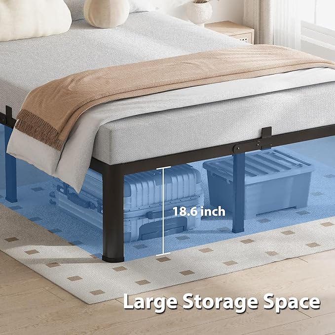 20 Inch Queen Bed Frame, 3500Lbs Heavy Duty Metal Platform with Round Corner Legs Mattress Slide Stopper, Steel Slat Support No Box Spring Needed, Noise Free, Non-Slip, Easy Assembly