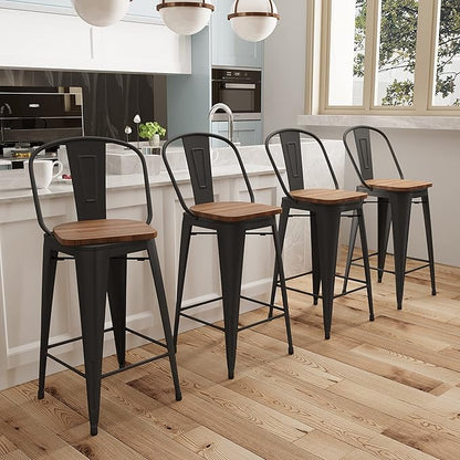 Aklaus Swivel Metal Bar Stools with Backs Counter Stools Set of 4 Counter Height Stools High Back Bar Chairs 24 Inch Barstools Farmhouse Matte Black