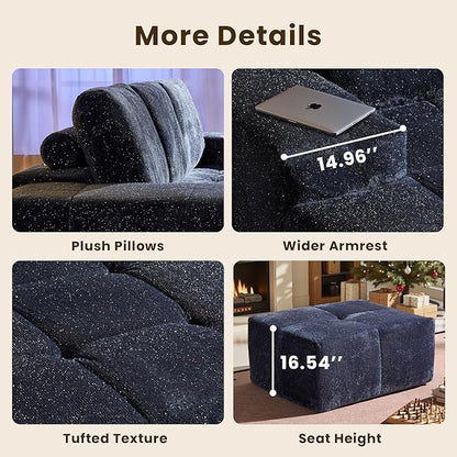 114" Glitter Cloud Sectional Couch with L-Shape Chaise & Ottoman, Modern Boneless Couches for Living Room, Fluffy Tufted Deep Seat Modular Sofa No Assembly (Blue Sparkly Velvet,Left Facing)