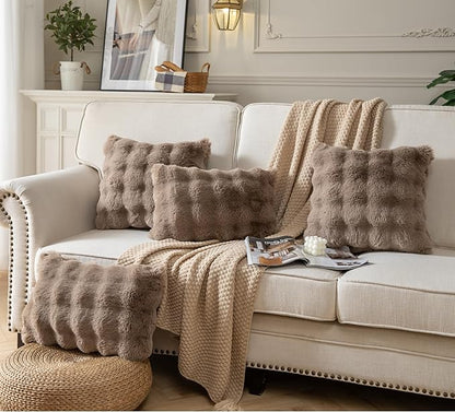 Pack of 2 Thick Plush Throw Pillow Covers Fluffy Wave Faux Fur Decorative Cushion Covers Soft Wool Pillowcase for Sofa Couch Livingroom 18x18 Inch Taupe
