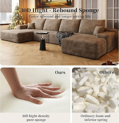 135.4" Large Cloud Modular Sectional Couch with Ottoman, Minimalist Upholstered Couches, Comfort U Shaped Sofa for Living Room,Deep Seat Corner Couch，No Assembly Required (Camel,Left Facing Chaise)