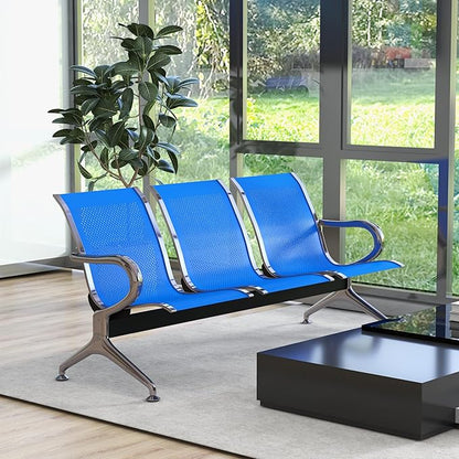 Kinsuite 3-Seat Reception Chairs - Waiting Room Chairs with Arms & Stainless Steel Frame, Waiting Room Bench Lobby Chairs for Office Airport Bank Hospital, Blue