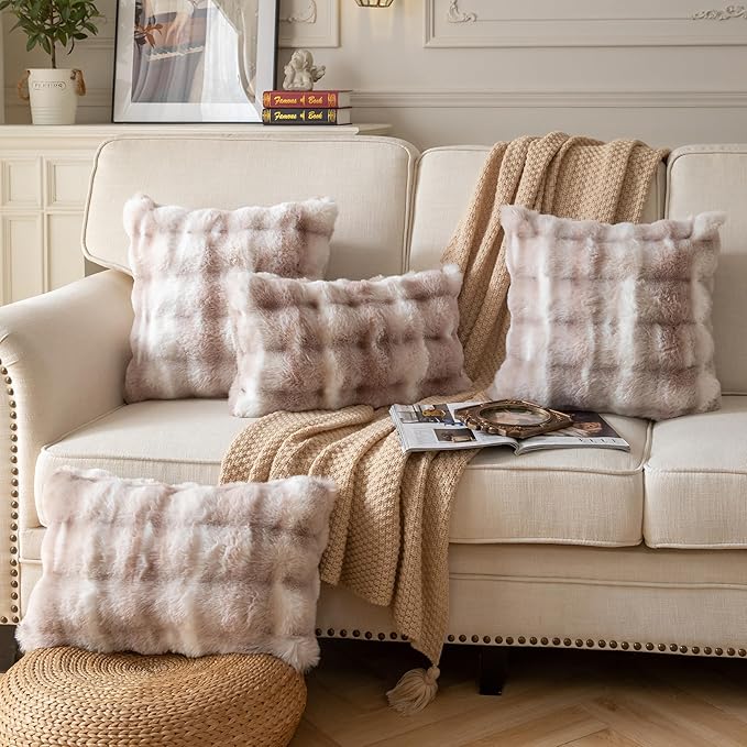 Pack of 2 Thick Plush Throw Pillow Covers Fluffy Wave Faux Fur Decorative Cushion Covers Soft Wool Pillowcase for Sofa Couch Livingroom 22x22 Inch White Taupe